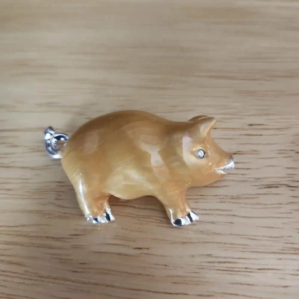 Brushed Pearlized Enamel Farm Pot Belly Pig Brooch Pin Rhinestone Silver Tone